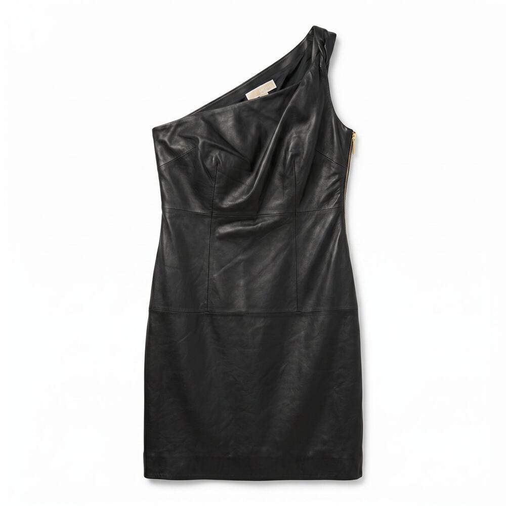 Michael Kors Black 100% Genuine Leather One-Shoulder Black Mini Dress
